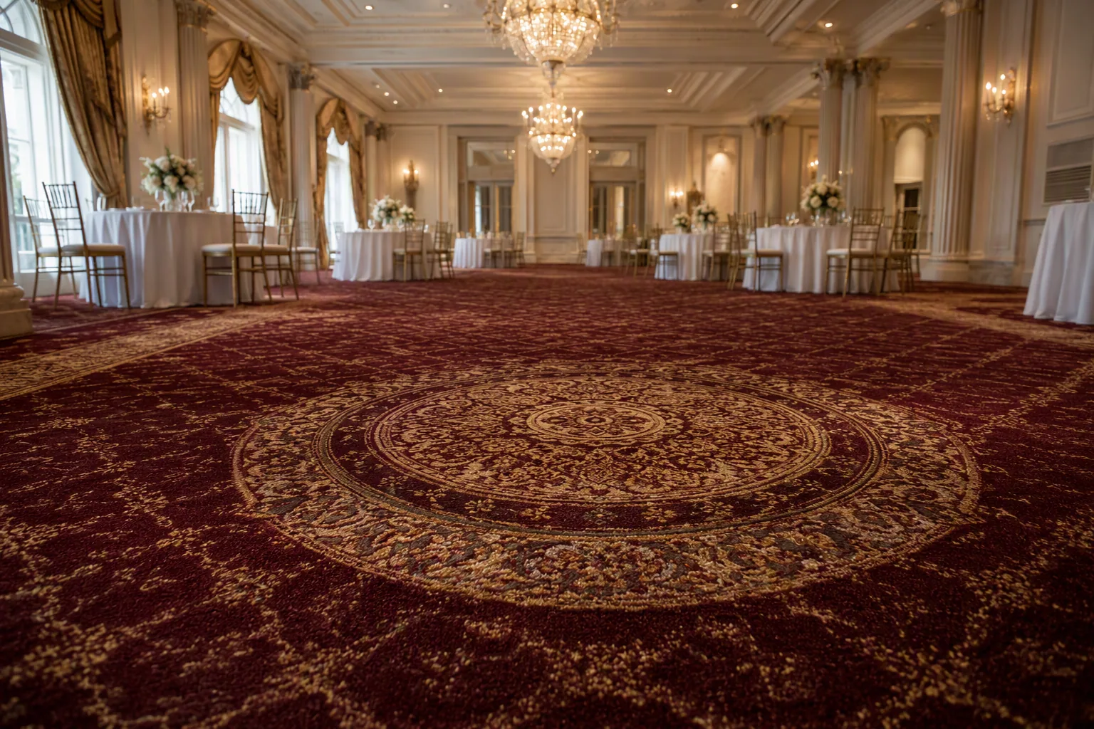Event hall ballroom carpet reference showing a premium banquet-flooring installation